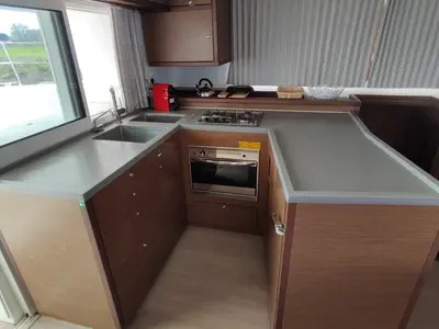 Galley of Alex Jr., a Lagoon 450 Fly catamaran at Volos, Greece