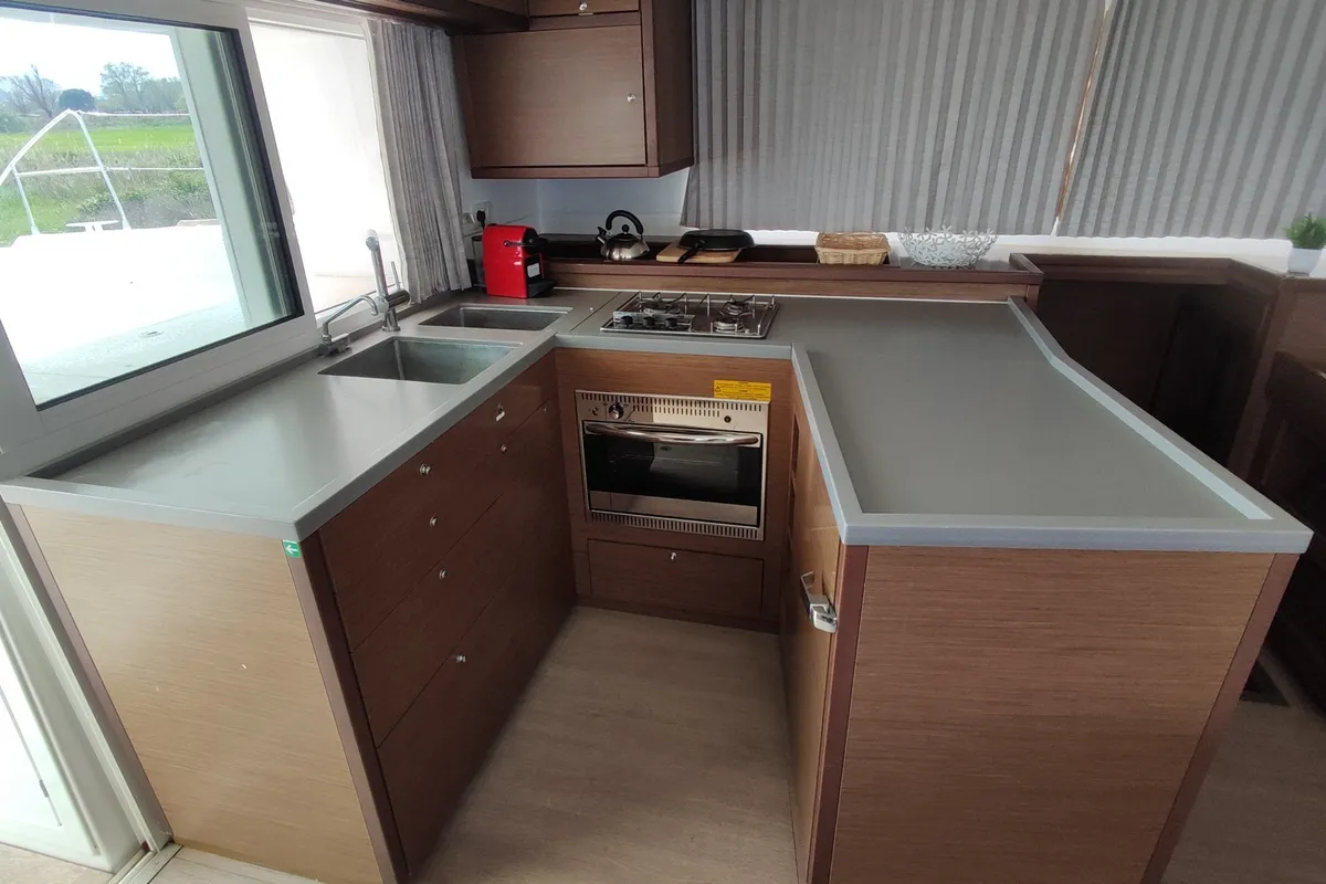 Galley of Alex Jr., a Lagoon 450 Fly catamaran at Volos, Greece
