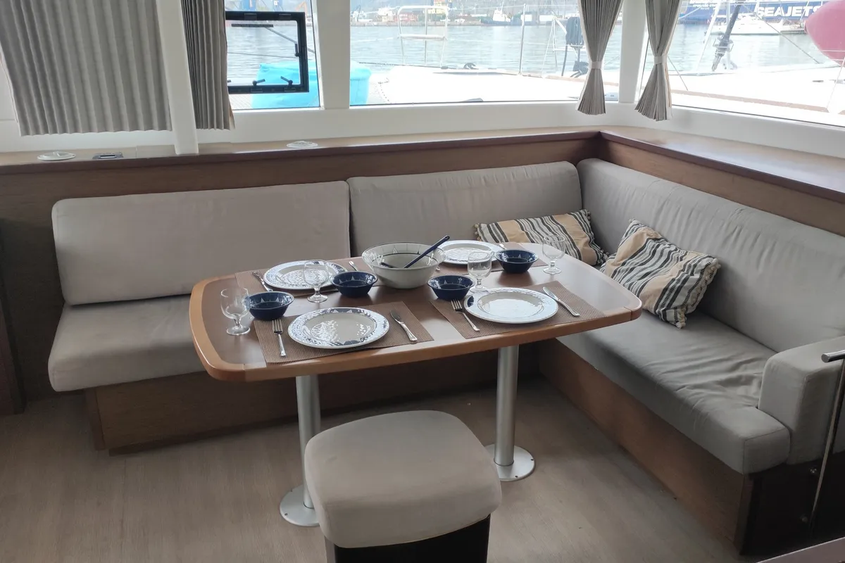 Salon of Alex Jr., a Lagoon 450 Fly catamaran at Volos, Greece