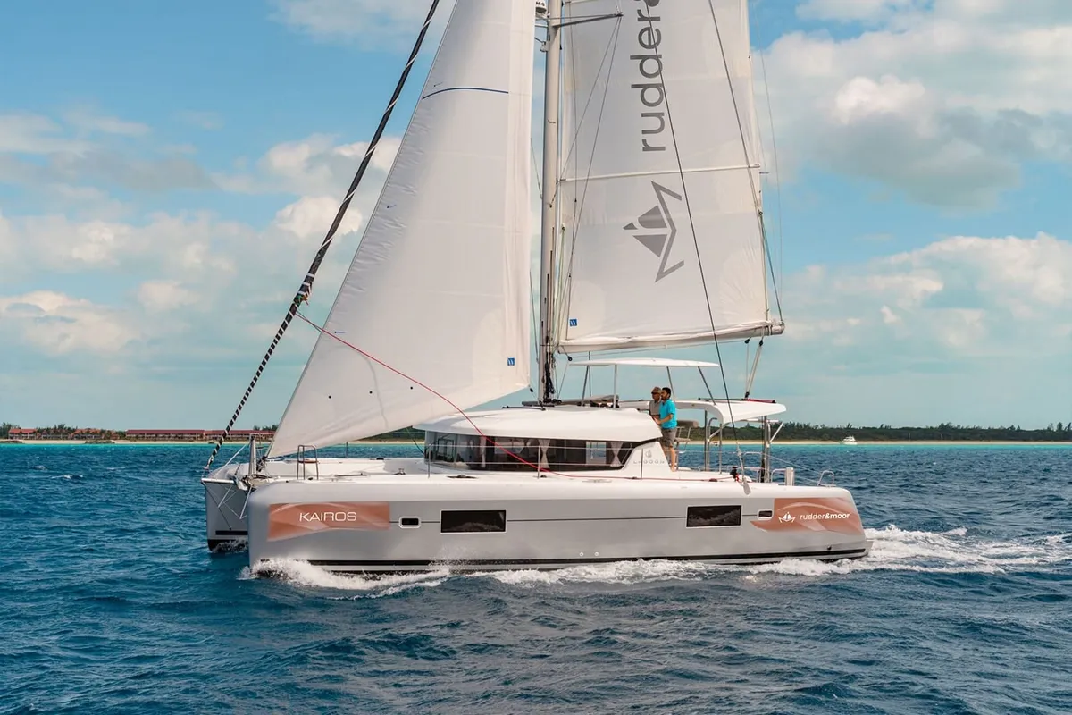 Exterior view of Kairos, a Lagoon 42 catamaran at Marmaris, Turkey