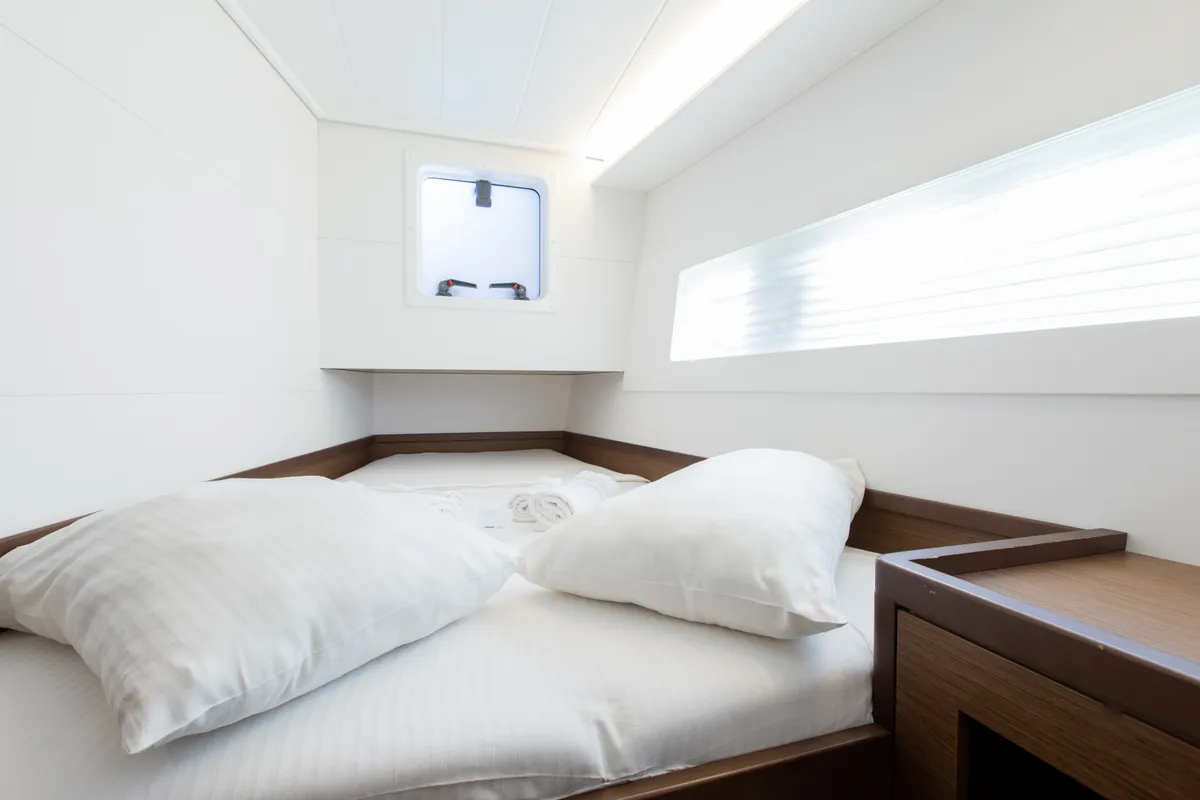 Exterior view of Kairos, a Lagoon 42 catamaran at Marmaris, Turkey