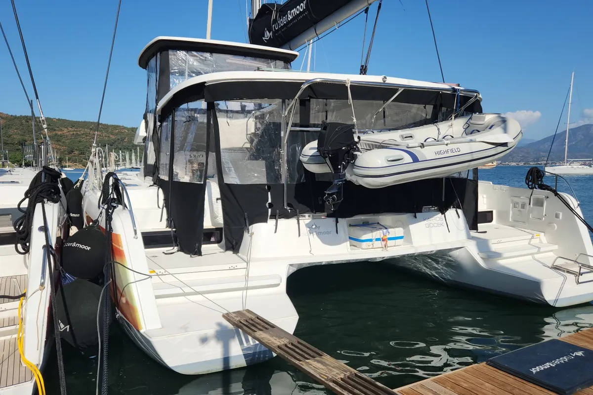 Exterior view of Kairos, a Lagoon 42 catamaran at Marmaris, Turkey