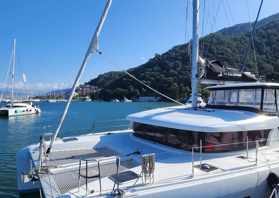 Exterior view of Kairos, a Lagoon 42 catamaran at Marmaris, Turkey