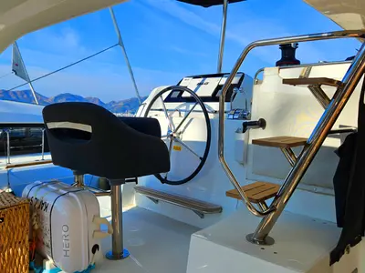Cockpit of Kairos, a Lagoon 42 catamaran at Marmaris, Turkey