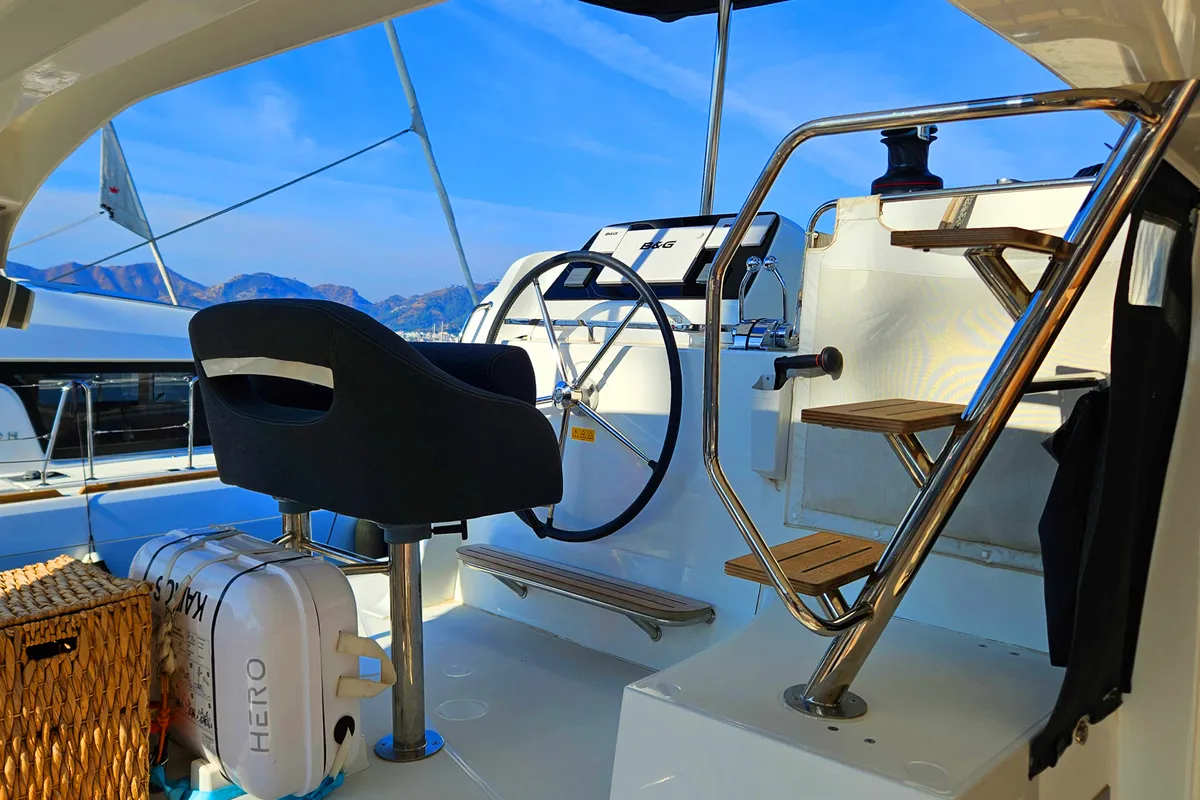 Cockpit of Kairos, a Lagoon 42 catamaran at Marmaris, Turkey
