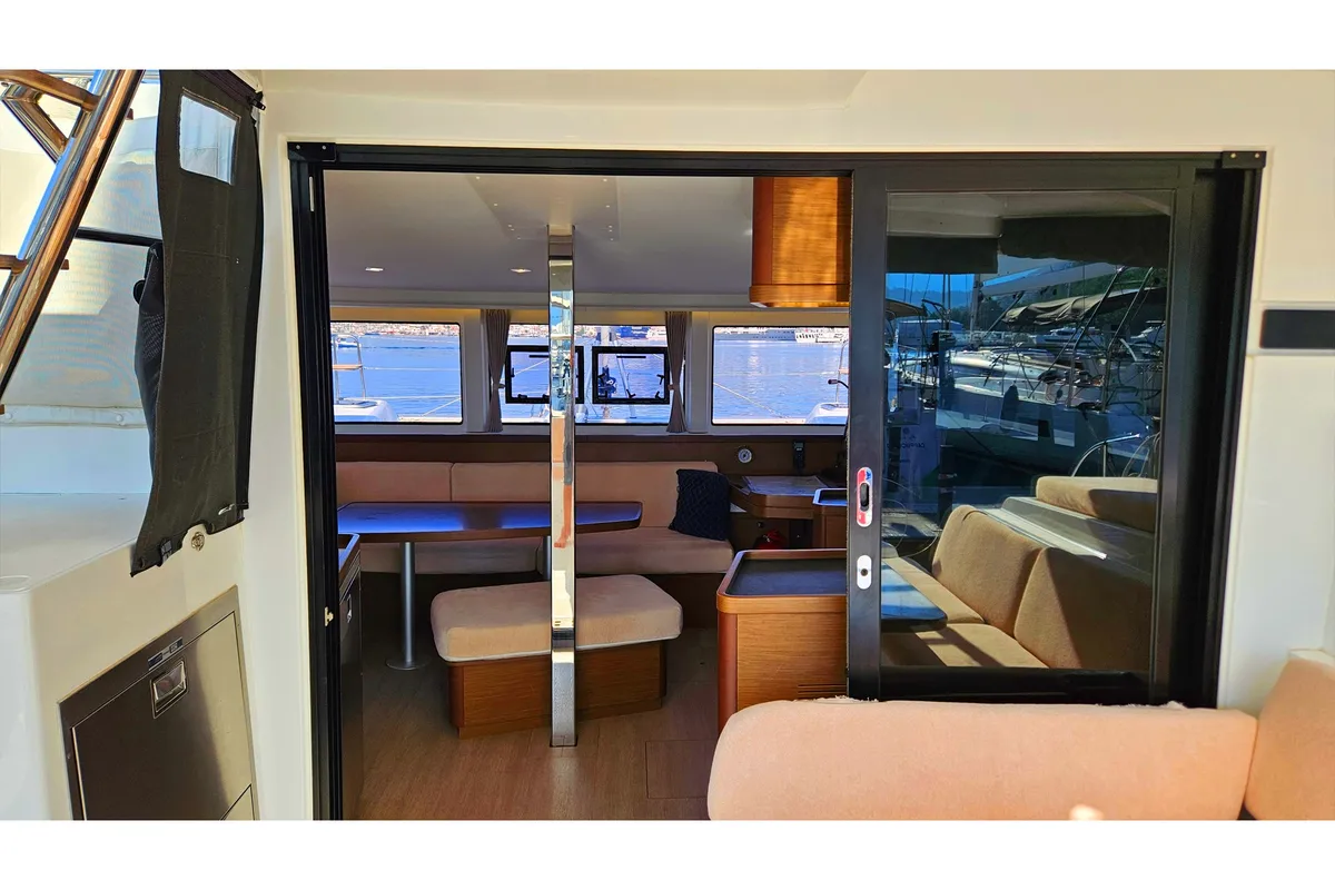Exterior view of Kairos, a Lagoon 42 catamaran at Marmaris, Turkey