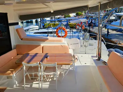 Deck of Kairos, a Lagoon 42 catamaran at Marmaris, Turkey
