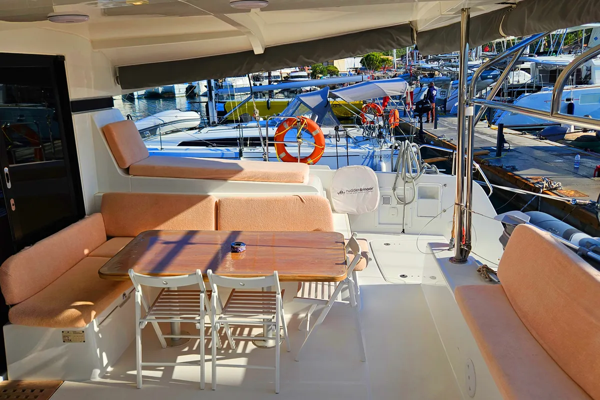 Deck of Kairos, a Lagoon 42 catamaran at Marmaris, Turkey