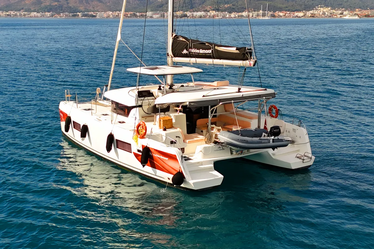 Exterior view of Kairos, a Lagoon 42 catamaran at Marmaris, Turkey