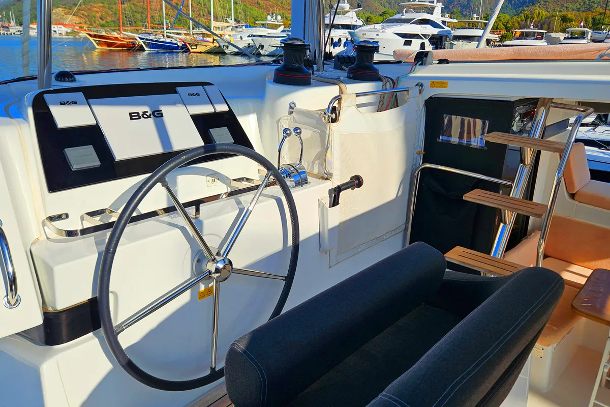 Cockpit of Kairos, a Lagoon 42 catamaran at Marmaris, Turkey