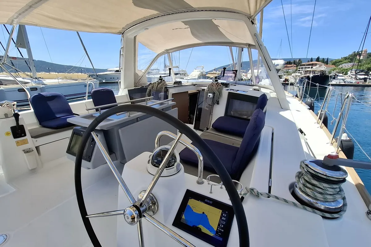 Cockpit of Rumba, a Beneteau Oceanis 45 sailboat at Herceg Novi, Montenegro