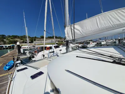 Deck of Amelie, a Lagoon 380 catamaran at Baan Salak Phet, Thailand