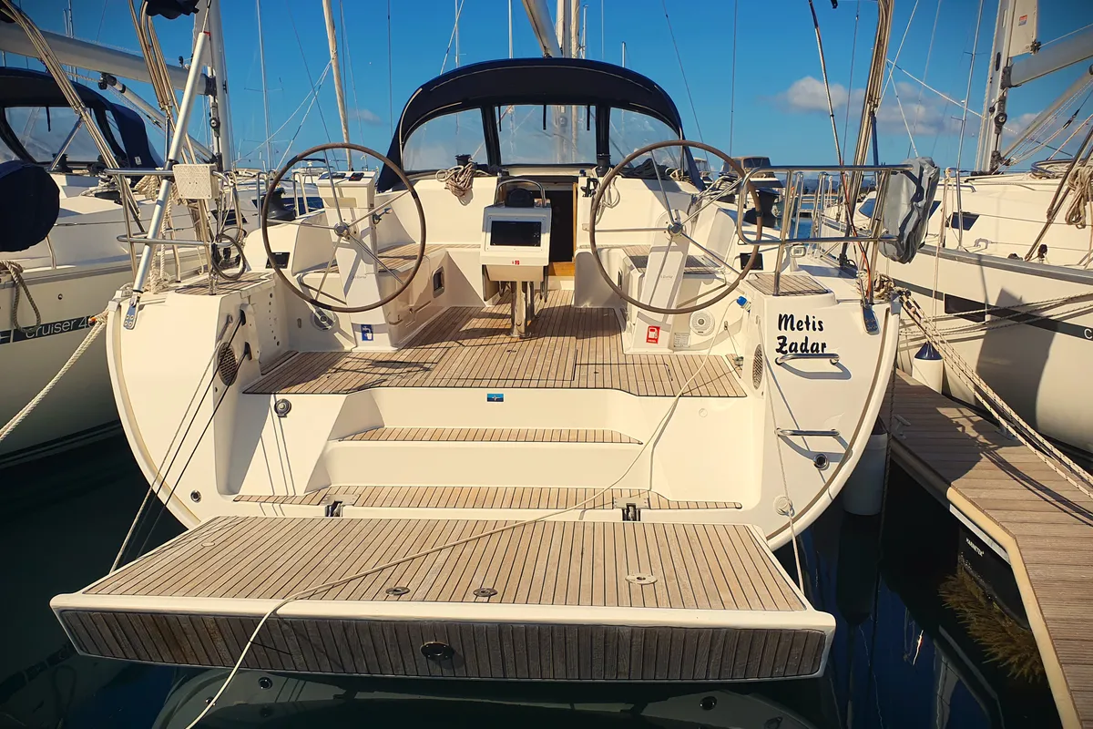 Exterior view of Metis, a Bavaria Cruiser 46 sailboat at Općina Pakoštane, Croatia