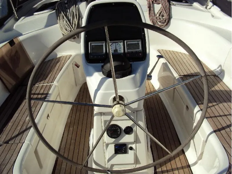 Cockpit of Marja, a Bavaria 39 Cruiser sailboat at Trget, Croatia