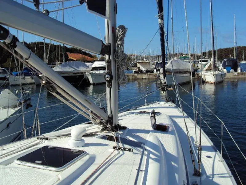 Deck of Marja, a Bavaria 39 Cruiser sailboat at Trget, Croatia