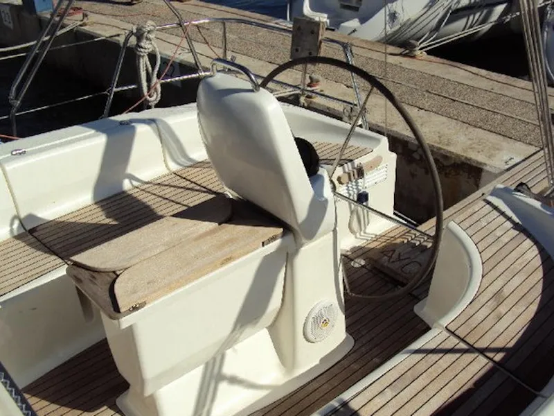 Cockpit of Marja, a Bavaria 39 Cruiser sailboat at Trget, Croatia