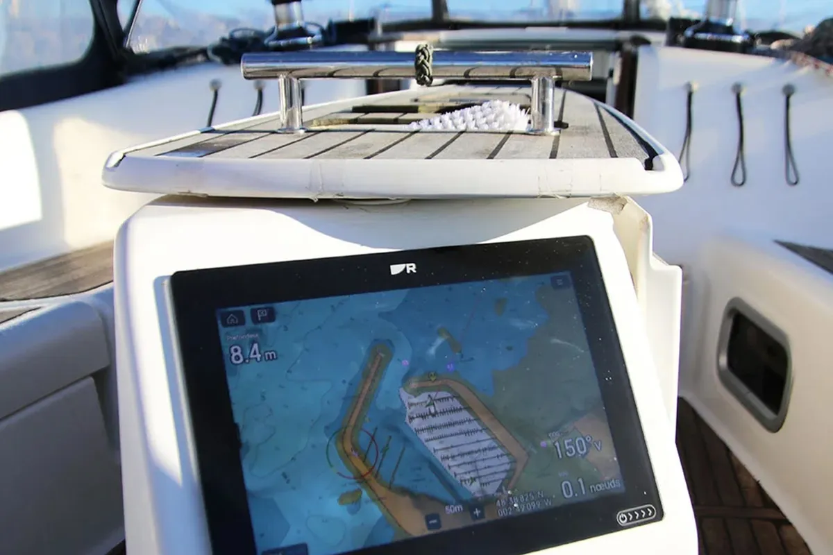 Cockpit of Beneteau Oceanis 40, a sailboat at Saint-Cast-le-Guildo, France