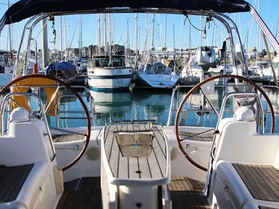 Cockpit of Beneteau Oceanis 40, a sailboat at Saint-Cast-le-Guildo, France