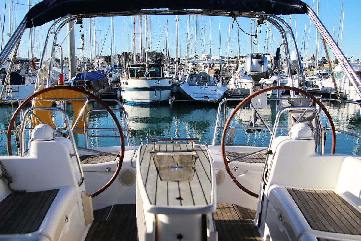 Cockpit of Beneteau Oceanis 40, a sailboat at Saint-Cast-le-Guildo, France