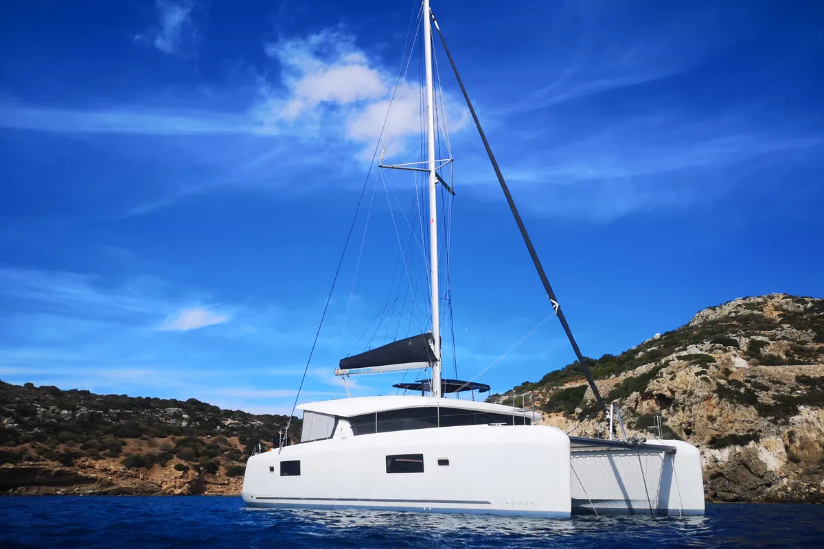Exterior view of Aktaia, a Lagoon 42 catamaran at Agios Stefanos, Greece