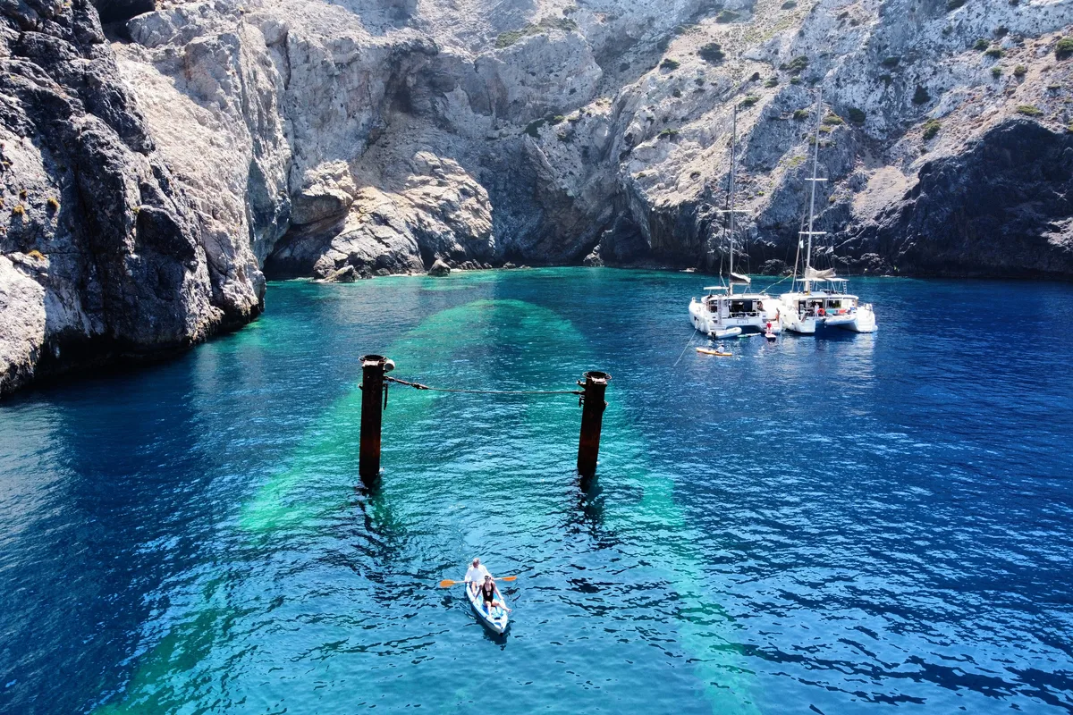 Exterior view of Aktaia, a Lagoon 42 catamaran at Agios Stefanos, Greece