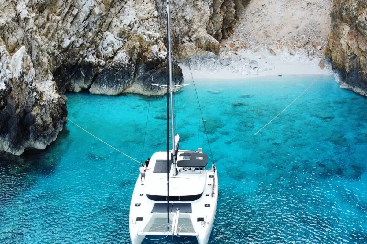 Exterior view of Aktaia, a Lagoon 42 catamaran at Agios Stefanos, Greece