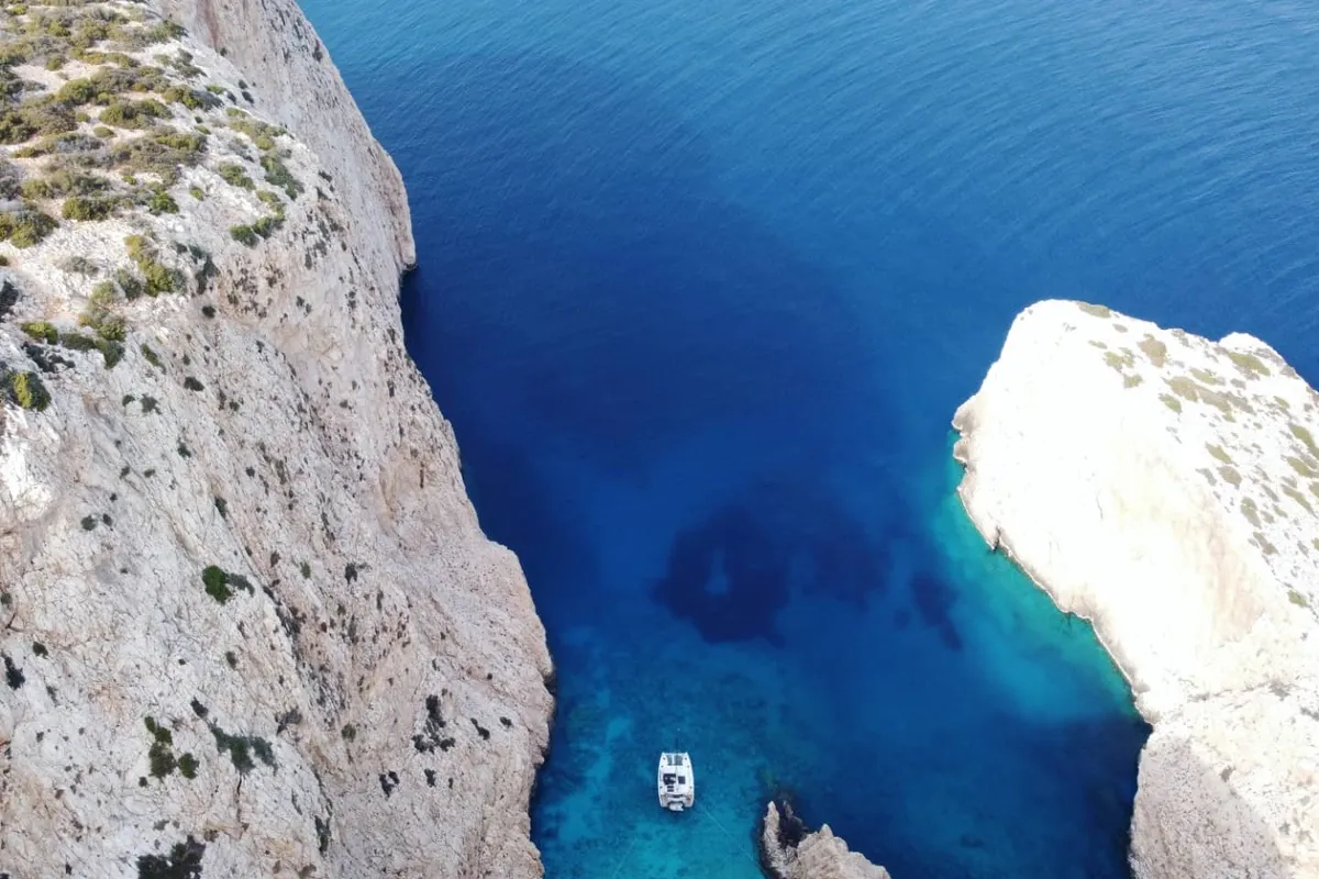 Exterior view of Aktaia, a Lagoon 42 catamaran at Agios Stefanos, Greece