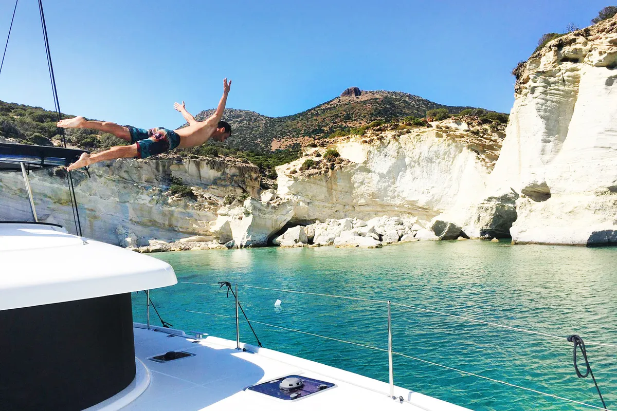 Exterior view of Aktaia, a Lagoon 42 catamaran at Agios Stefanos, Greece