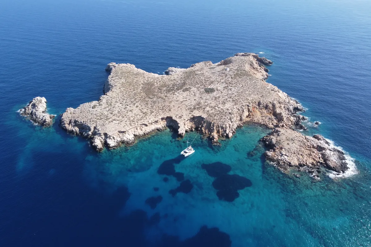Exterior view of Aktaia, a Lagoon 42 catamaran at Agios Stefanos, Greece