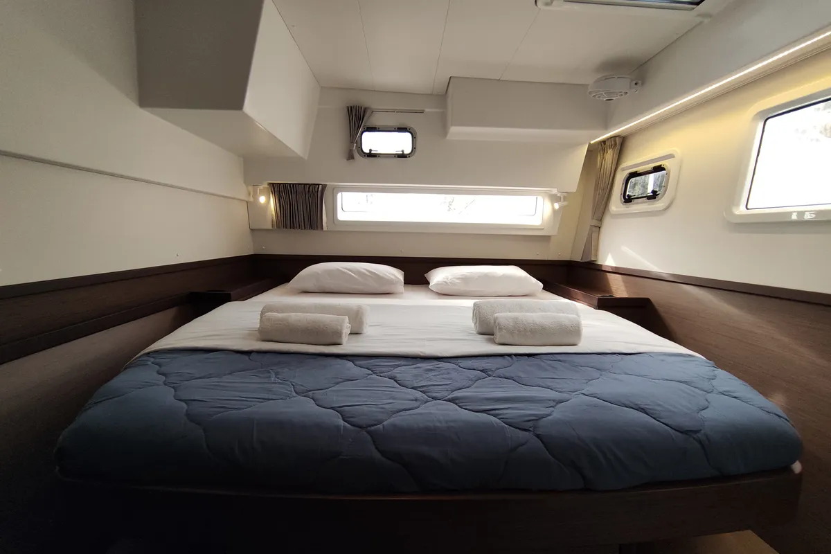Cabin on Aktaia, a Lagoon 42 catamaran at Agios Stefanos, Greece