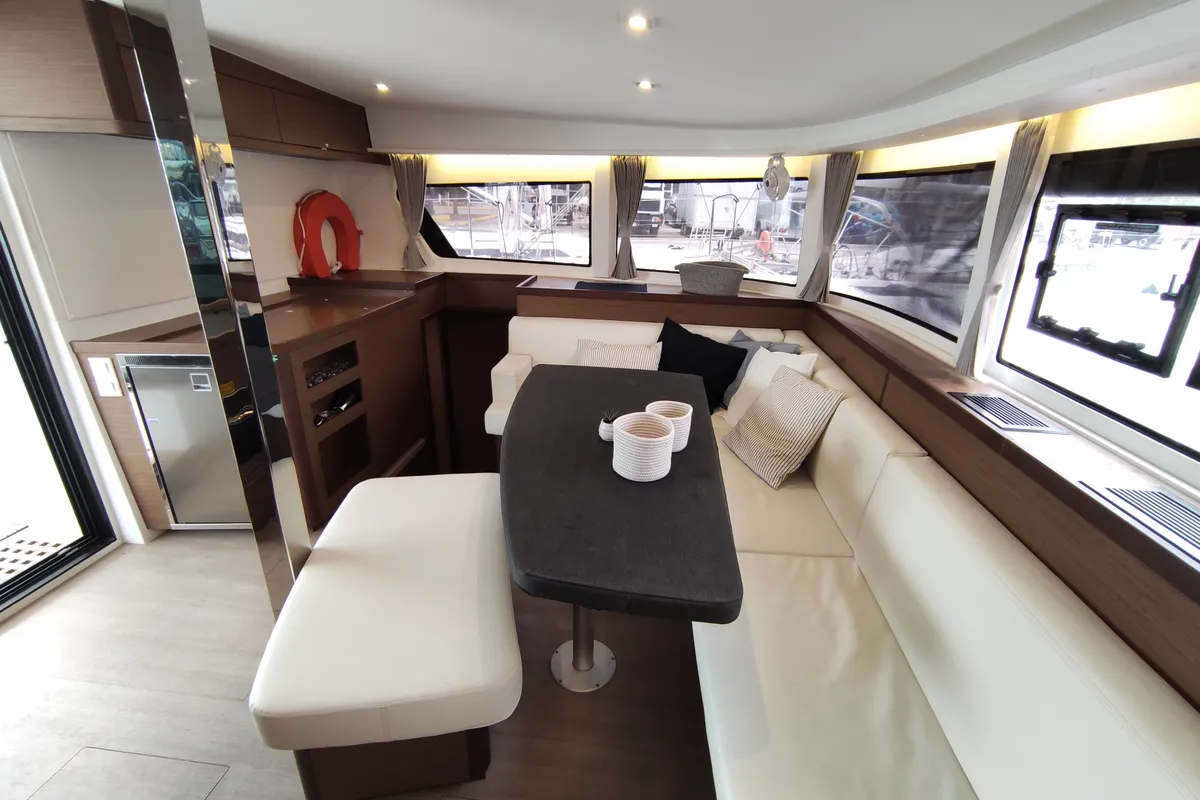 Salon of Aktaia, a Lagoon 42 catamaran at Agios Stefanos, Greece