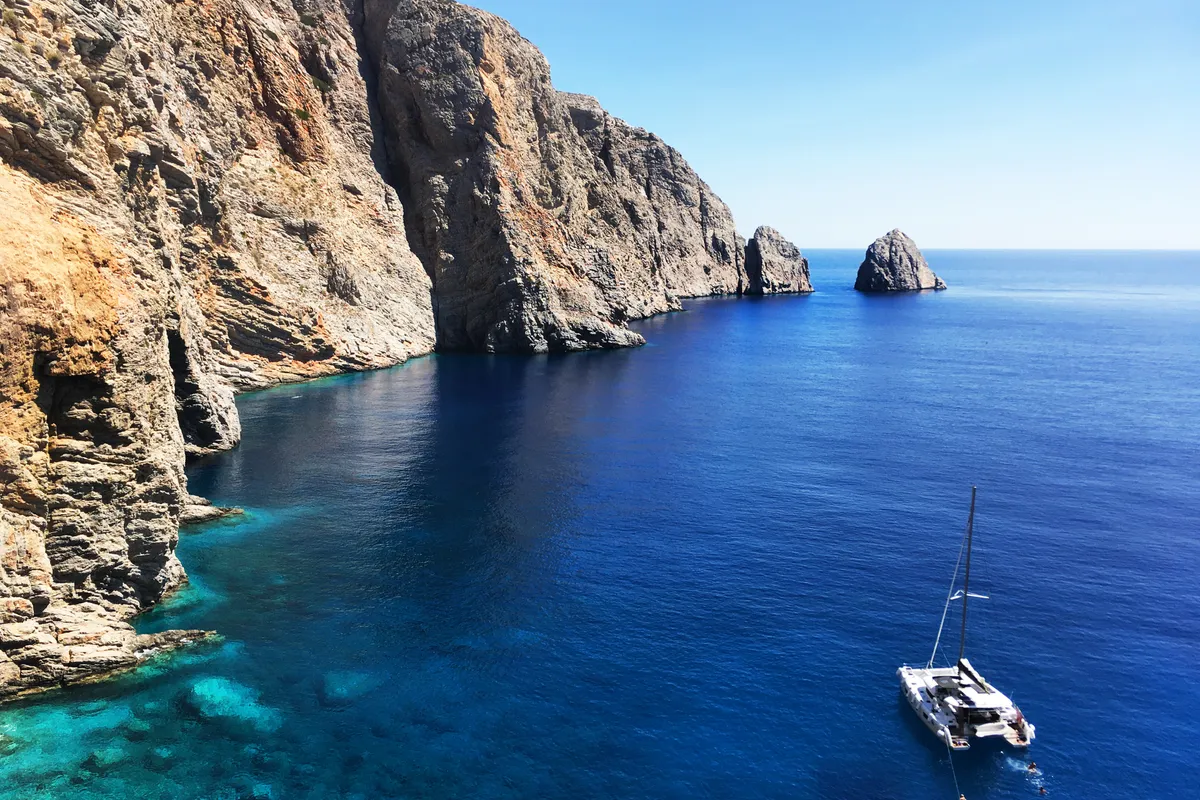 Exterior view of Aktaia, a Lagoon 42 catamaran at Agios Stefanos, Greece
