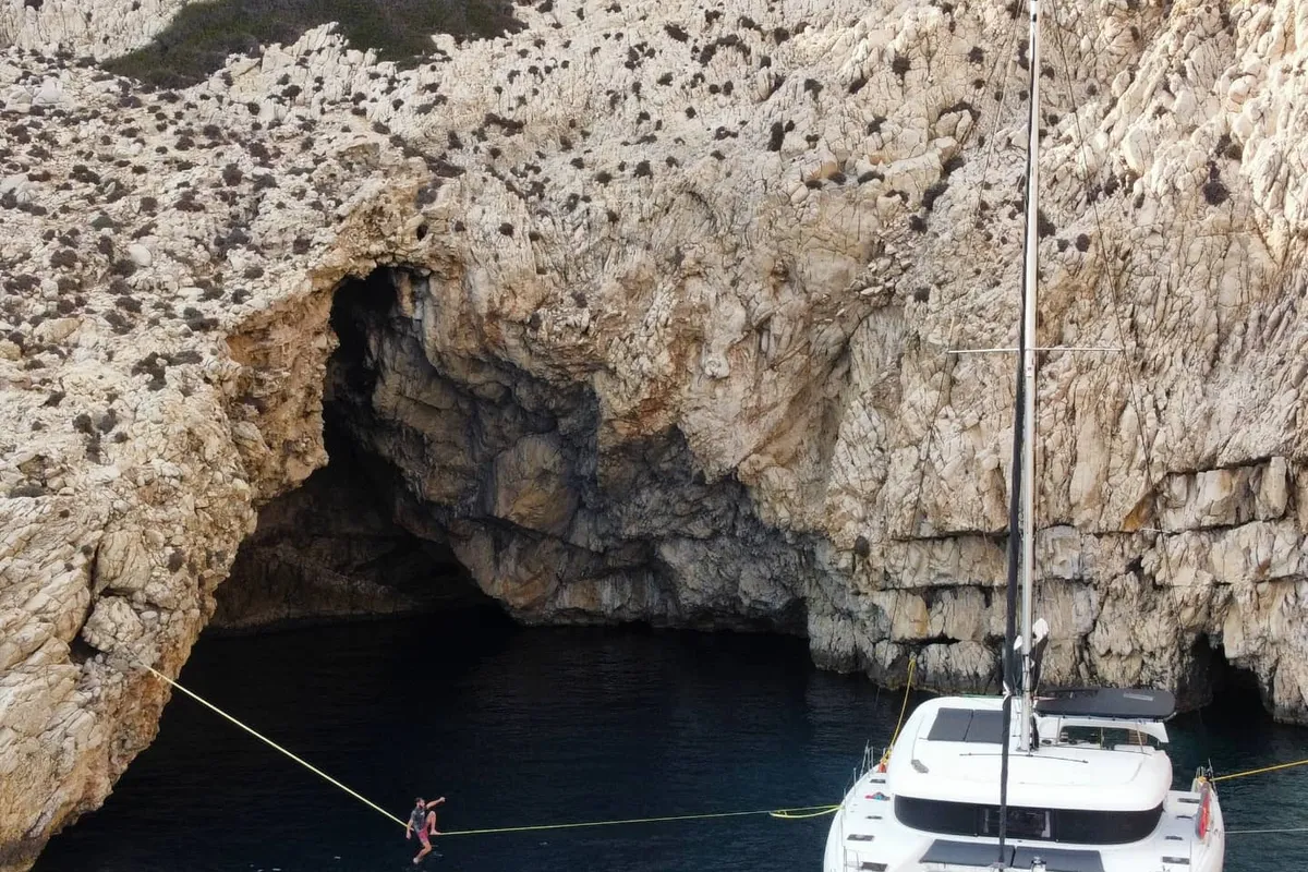 Exterior view of Aktaia, a Lagoon 42 catamaran at Agios Stefanos, Greece