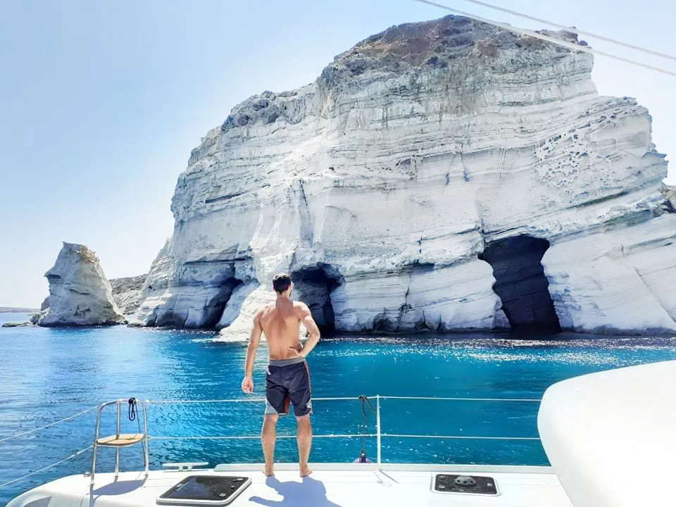 Exterior view of Aktaia, a Lagoon 42 catamaran at Agios Stefanos, Greece