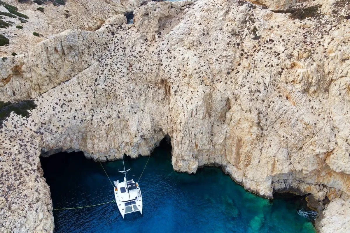 Exterior view of Aktaia, a Lagoon 42 catamaran at Agios Stefanos, Greece