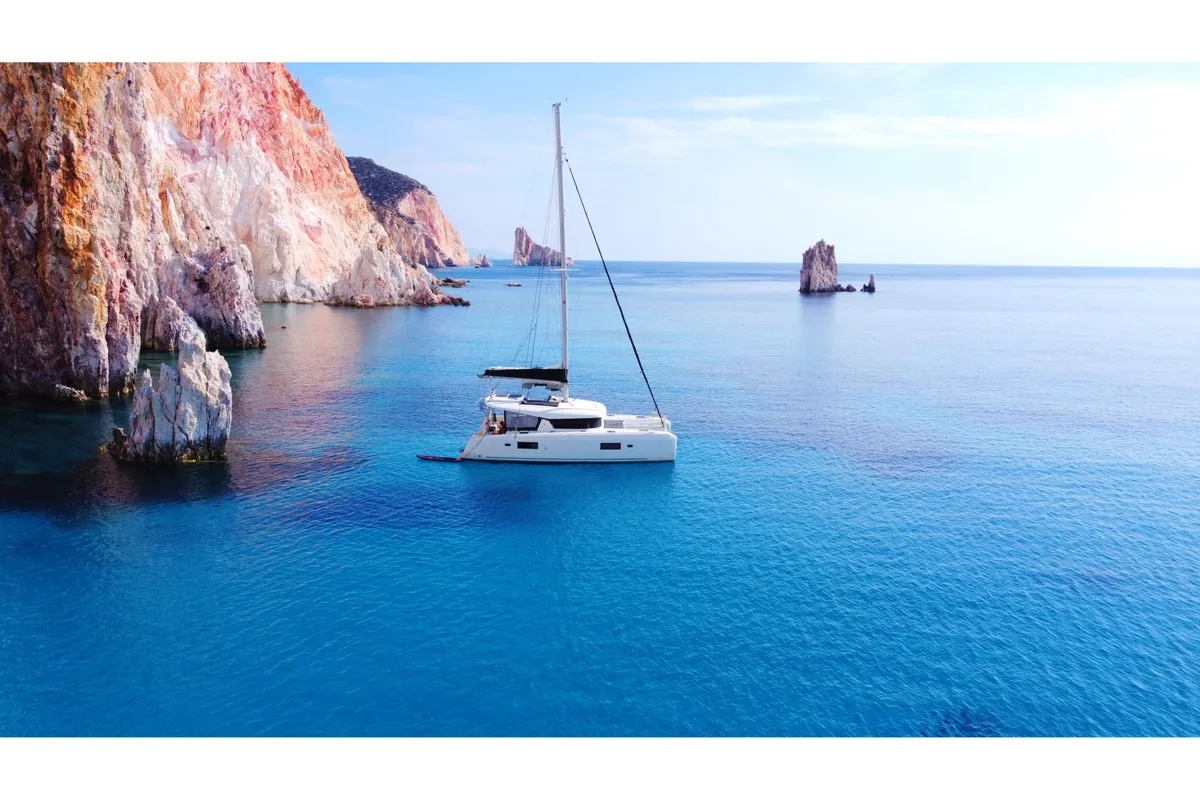 Exterior view of Aktaia, a Lagoon 42 catamaran at Agios Stefanos, Greece