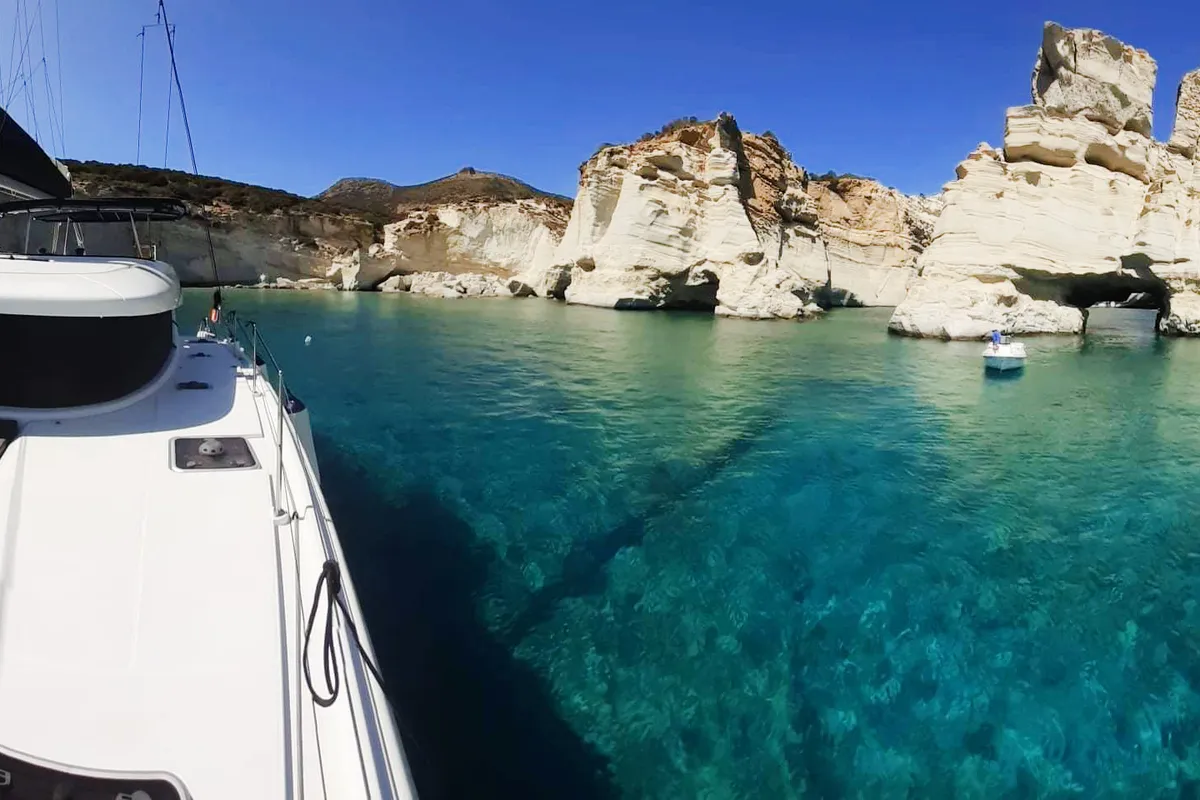 Exterior view of Aktaia, a Lagoon 42 catamaran at Agios Stefanos, Greece
