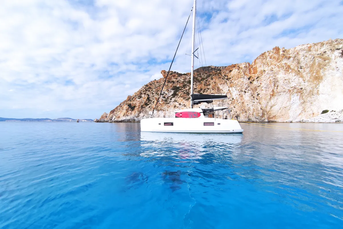Exterior view of Aktaia, a Lagoon 42 catamaran at Agios Stefanos, Greece