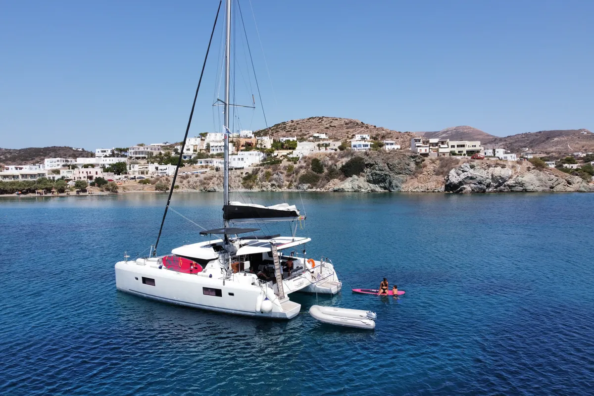 Exterior view of Aktaia, a Lagoon 42 catamaran at Agios Stefanos, Greece