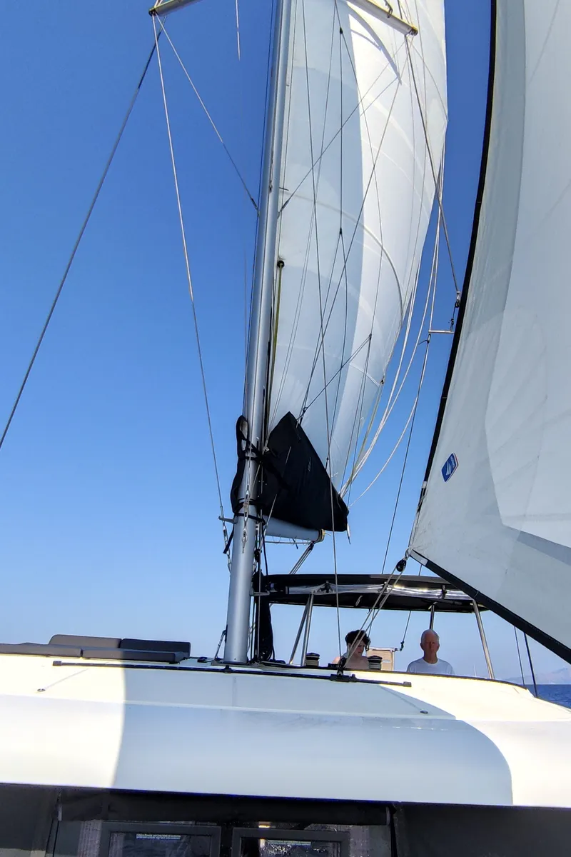 Exterior view of Aktaia, a Lagoon 42 catamaran at Agios Stefanos, Greece