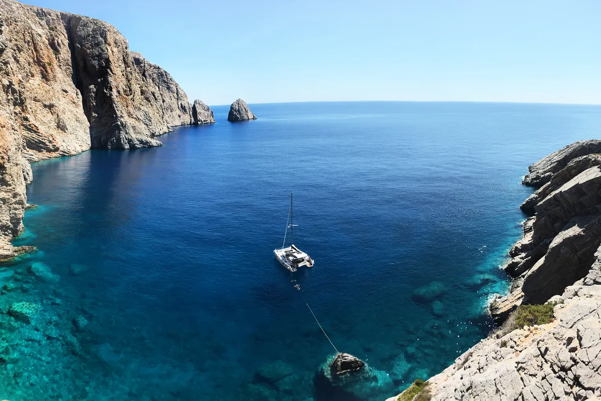 Exterior view of Aktaia, a Lagoon 42 catamaran at Agios Stefanos, Greece