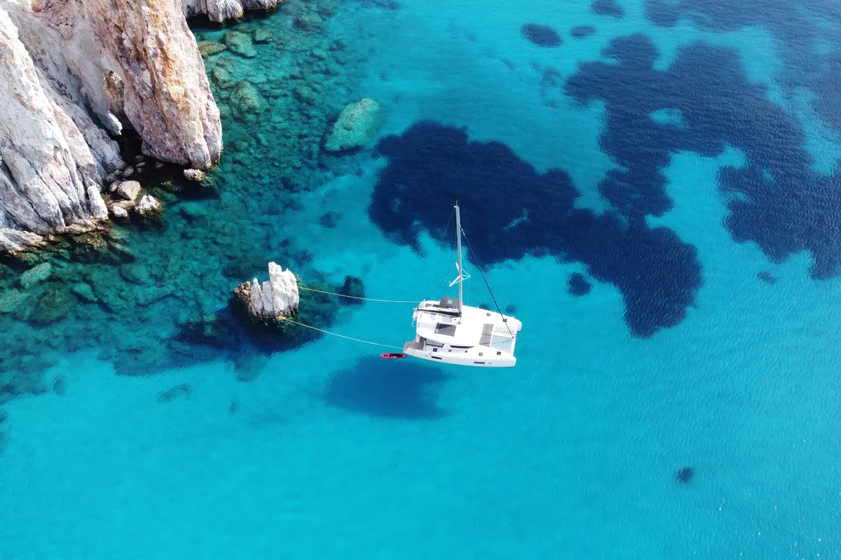 Exterior view of Aktaia, a Lagoon 42 catamaran at Agios Stefanos, Greece