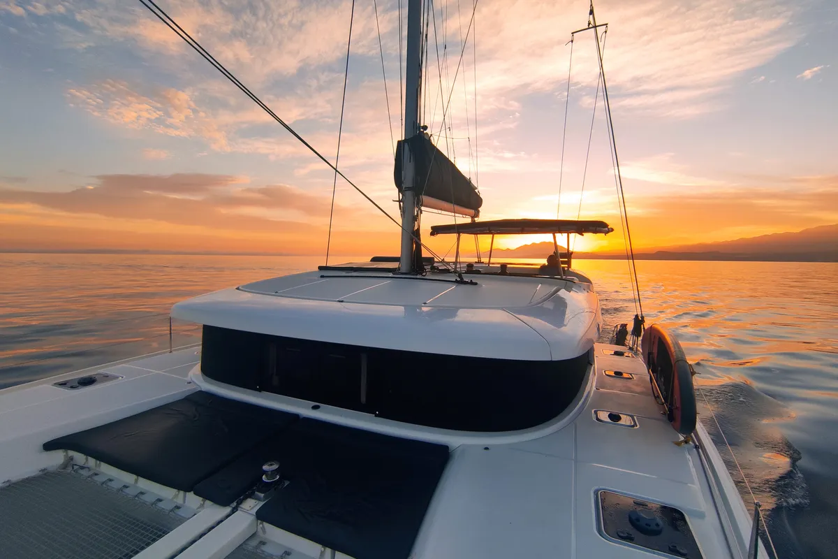 Deck of Aktaia, a Lagoon 42 catamaran at Agios Stefanos, Greece