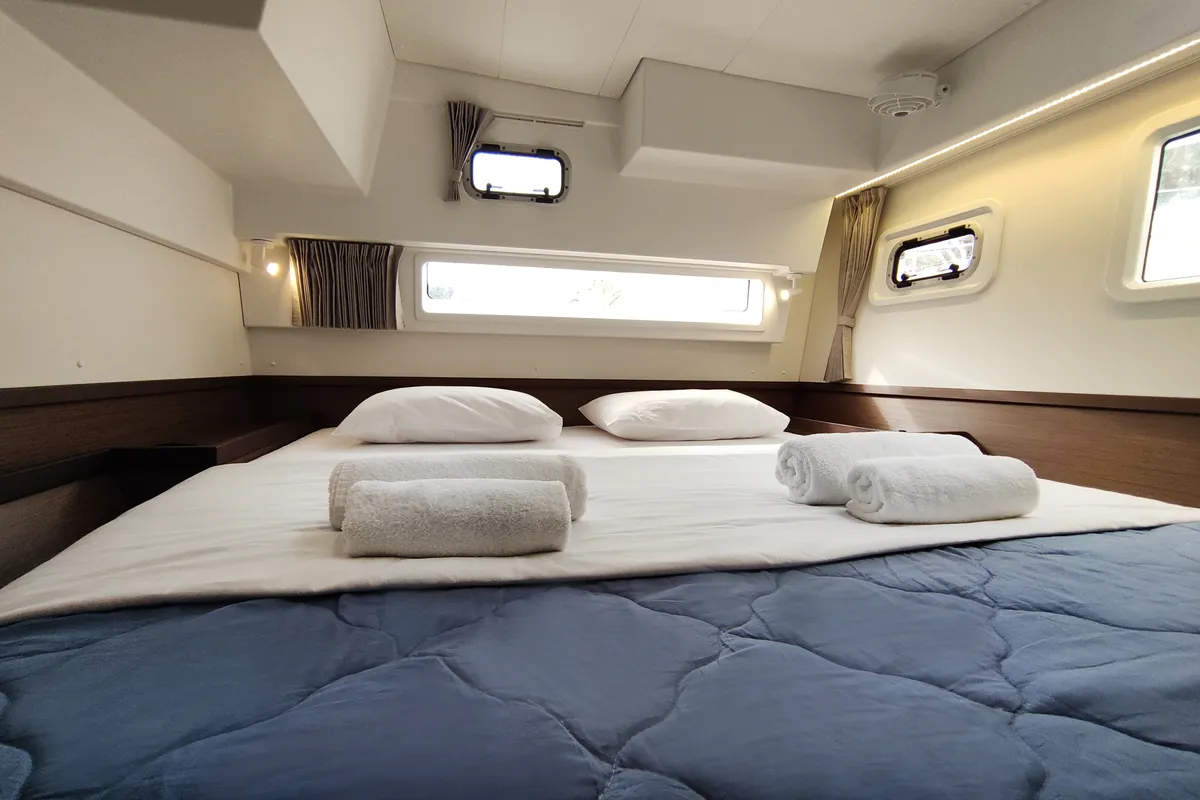 Cabin on Aktaia, a Lagoon 42 catamaran at Agios Stefanos, Greece