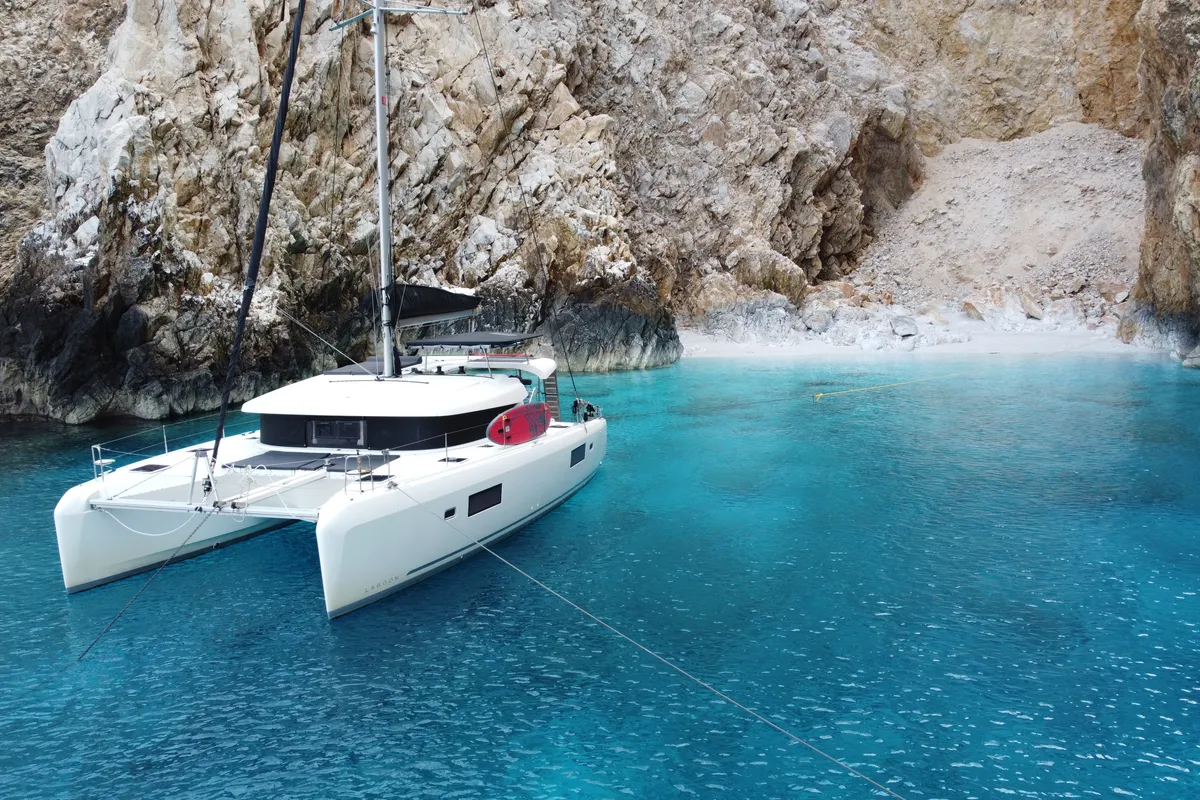 Exterior view of Aktaia, a Lagoon 42 catamaran at Agios Stefanos, Greece