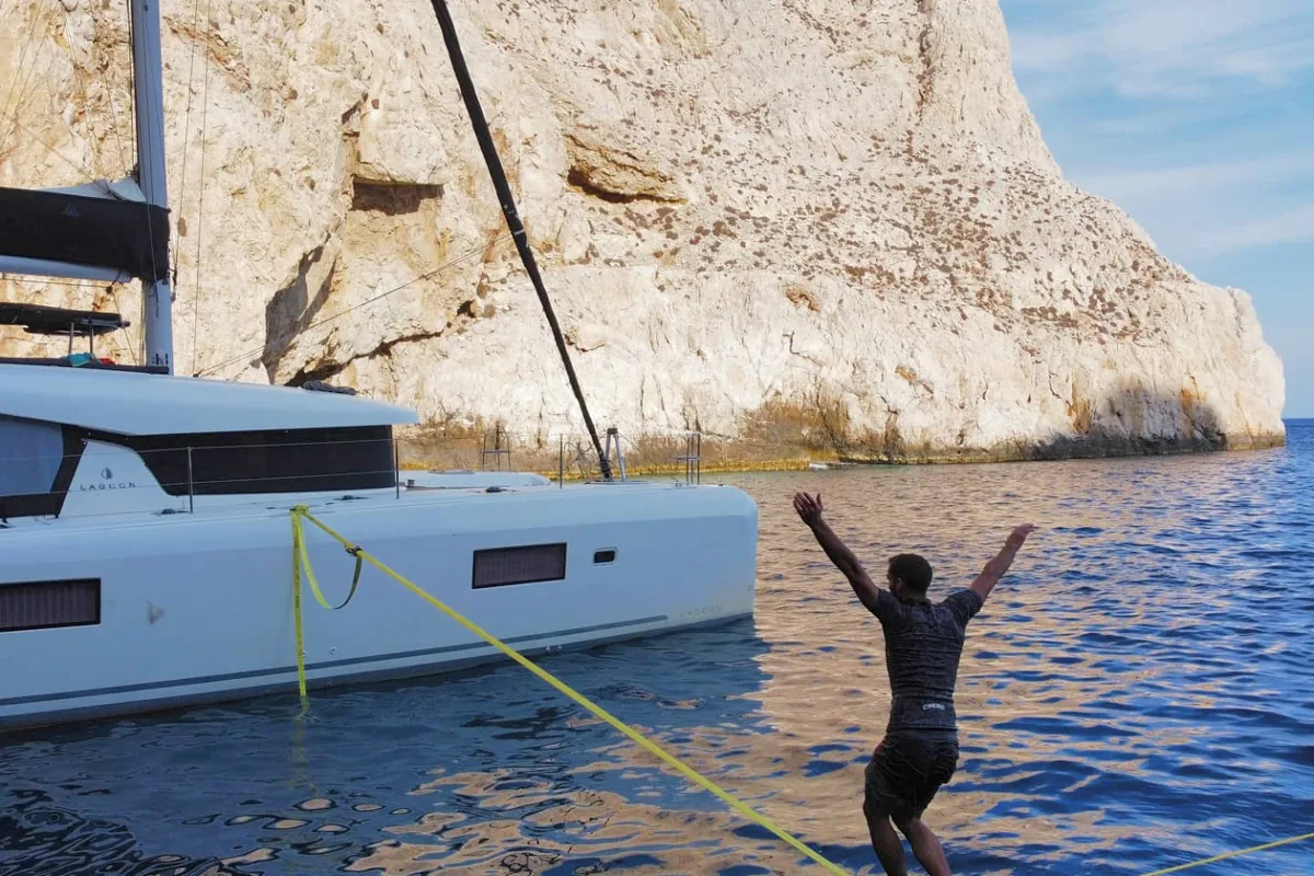 Exterior view of Aktaia, a Lagoon 42 catamaran at Agios Stefanos, Greece