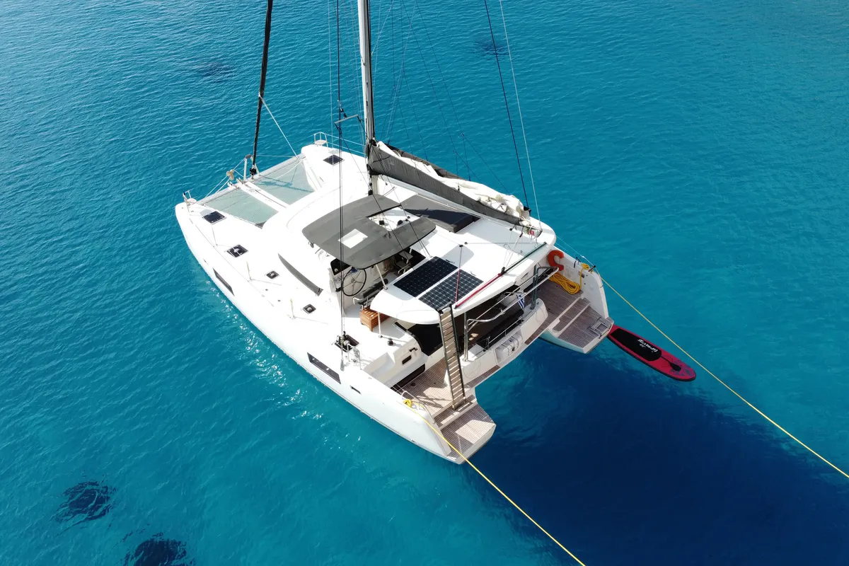 Exterior view of Aktaia, a Lagoon 42 catamaran at Agios Stefanos, Greece