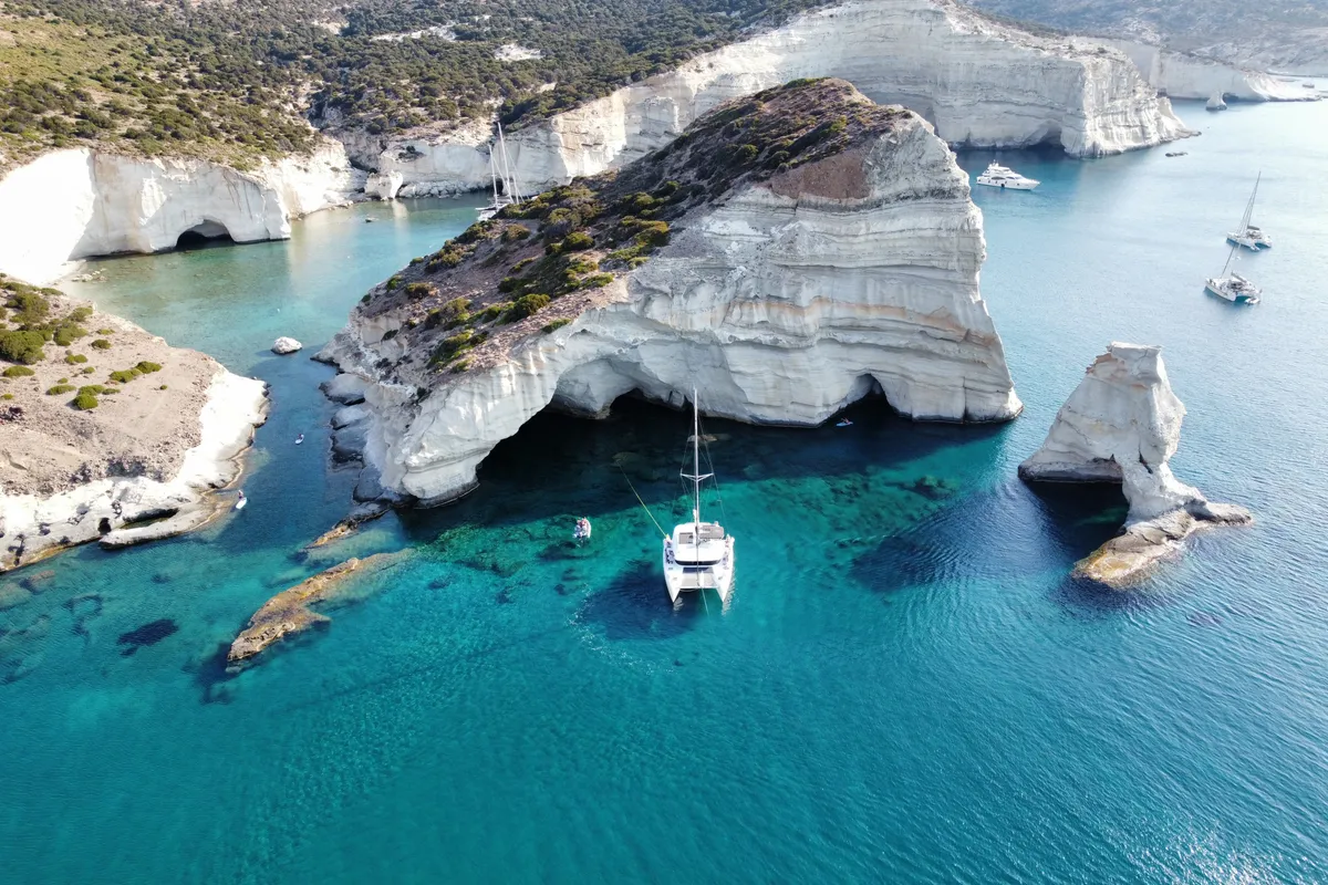 Exterior view of Aktaia, a Lagoon 42 catamaran at Agios Stefanos, Greece