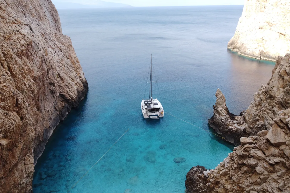 Exterior view of Aktaia, a Lagoon 42 catamaran at Agios Stefanos, Greece