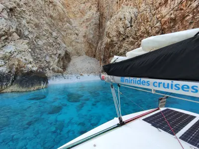 Deck of Aktaia, a Lagoon 42 catamaran at Agios Stefanos, Greece